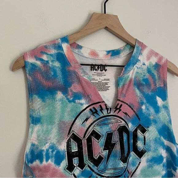 AC/DC Women’s V Neck Tie Dye Distressed Tank Top in Blue and Pink Size Small - Picture 3 of 6
